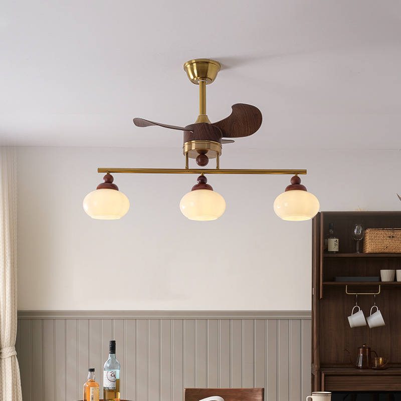 Lámpara de ventilador de sala de estar de estilo medieval, hogar retro, grano de madera de nuez, nuevo dormitorio, ventilador eléctrico, candelabro, lámpara de ventilador de restaurante