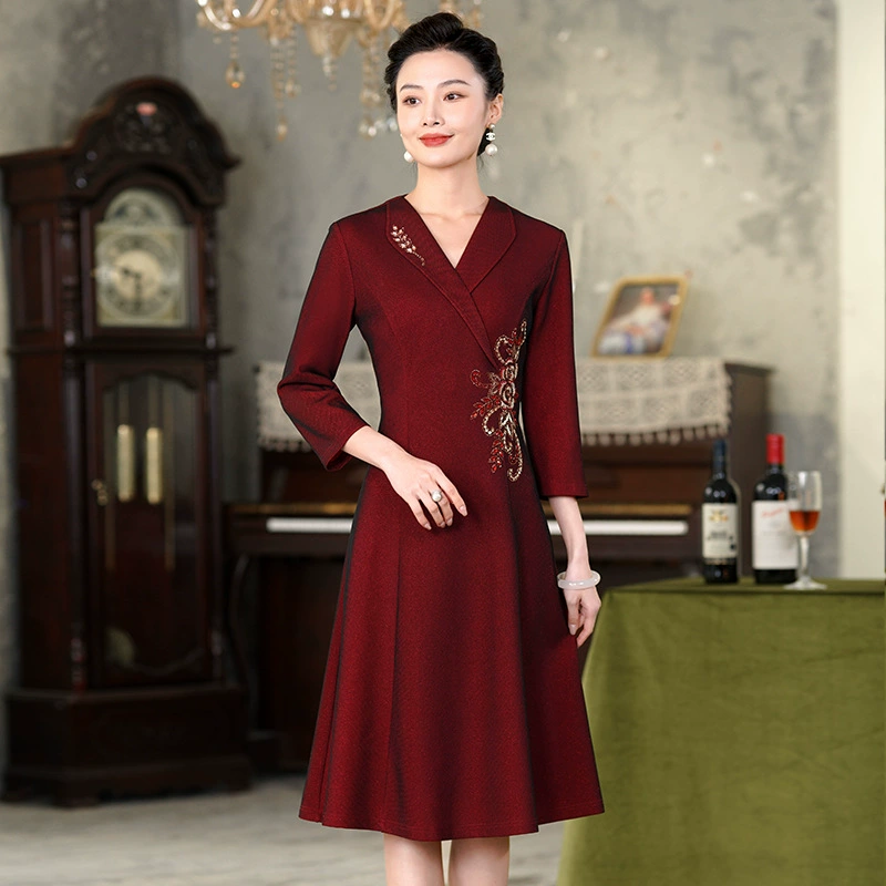 Мама платье темперамент свадебное платье свекрови платье с длинными рукавами платье свадебное платье свекровь мода ретро элегантное платье