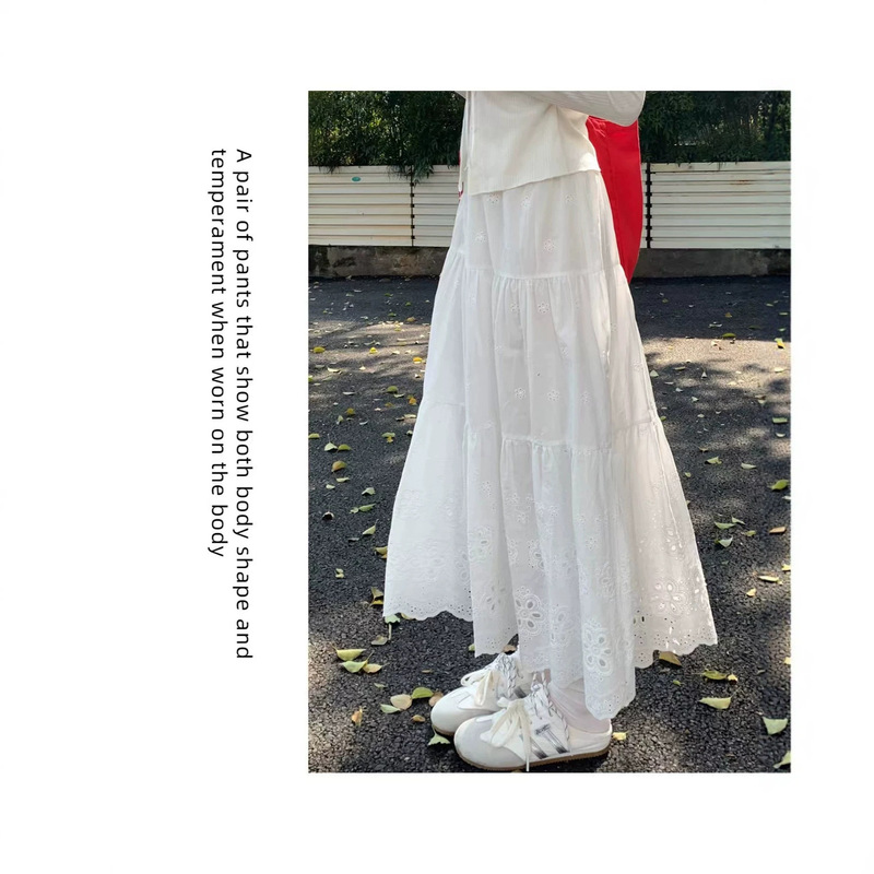 Summer 2026 New Style French Sweet Youthful Hollow Lace Crochet Elastic Waist Mid-Length A-Line Skirt for Women