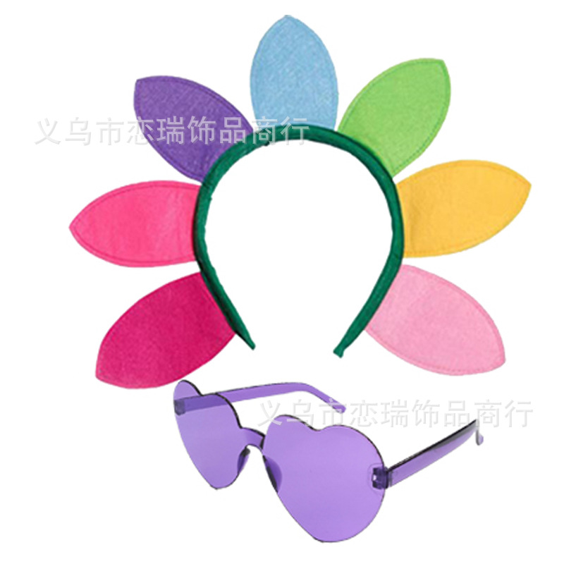 Fiesta de baile Diadema de girasol Color del arco iris Gafas de amor Malla Imagen Falda Pantimedias Combinación Set Spot
