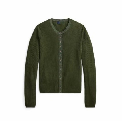 In-stock RL wool knitted cardigan, autumn and winter base shirt, round neck, single-breasted, ribbed, slim-fit, long-sleeve, stylish top