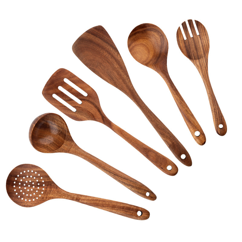 Juego de cocina de teca, cuchara de pala de madera maciza, tenedor, sartén antiadherente, utensilios de cocina de madera de acacia, espátula de mango largo, juego de cocina de 9 piezas