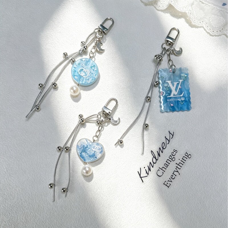 Summer Seaside Vacation Style Fresh and Creative Water-Glossy Blue Heart Keychain Bag Pendant Couple Phone Chain