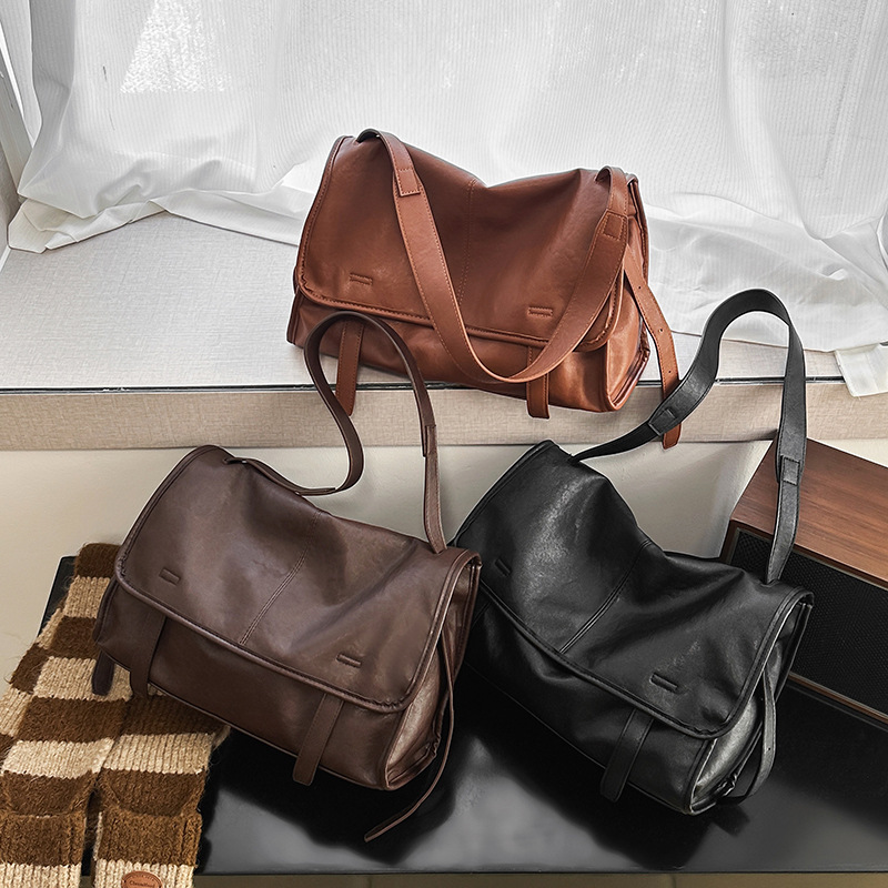 Cross-Border New Cow Leather Boston Bag, Versatile and Atmospheric Retro Messenger Bag, Lazy Style Genuine Leather Women's Bag, Shoulder Bag