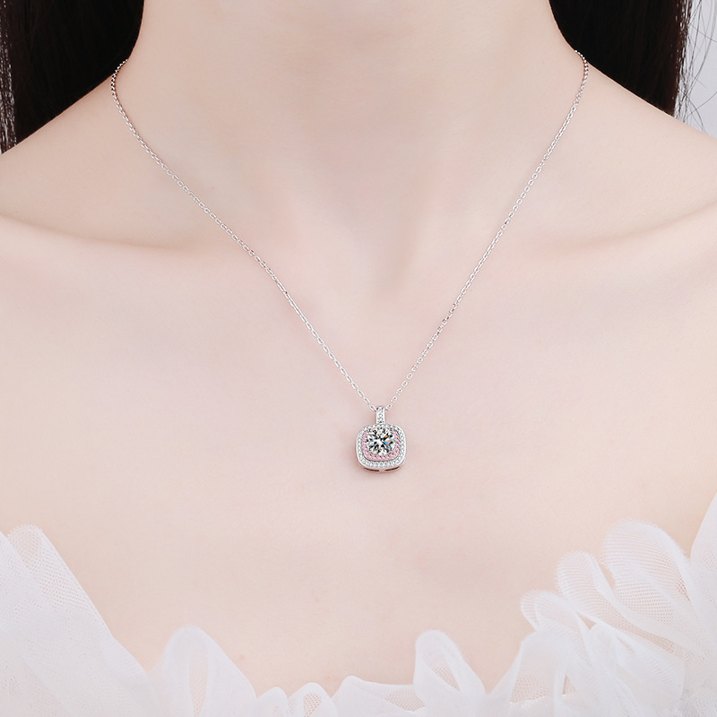 D Color Moissanite Square Bezel Pendant Necklace For Women_voghion.com