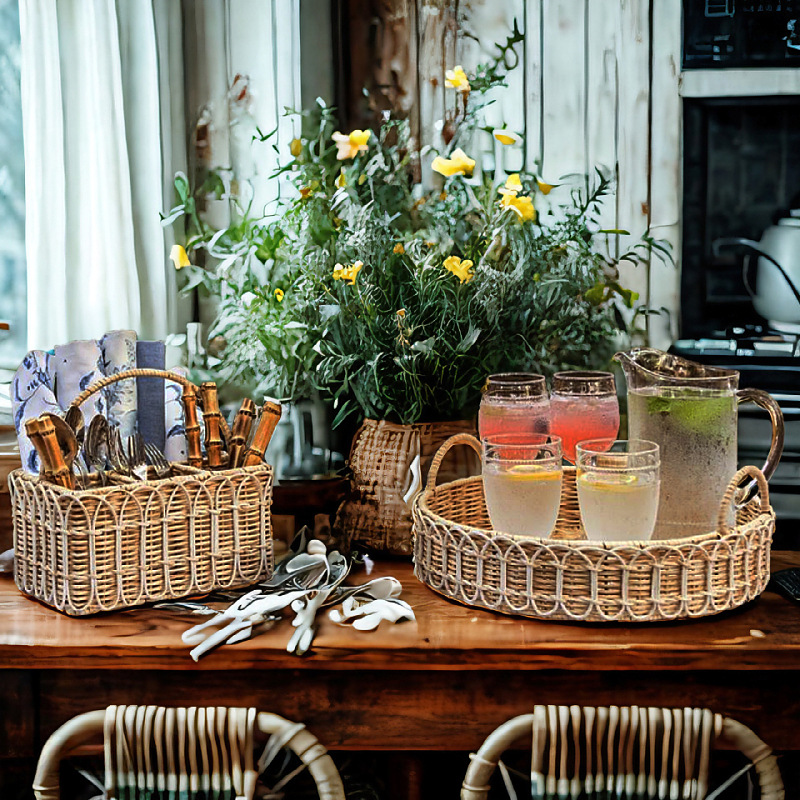 Cesta de almacenamiento separada de tejido de ratán transfronterizo, vajilla de cocina y restaurante, tenedor, cuchara, servilleta, canasta de almacenamiento, canasta de almacenamiento tejida