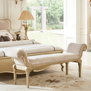American-Style Light Luxury Solid Wood Bed End Bench, Modern Minimalist Champagne Gold Bedside Dressing Room Bench with Armrests, Shoe-Changing Bench