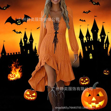 2025爆款亚马逊万圣节哥特式连衣裙法式复古绑带连衣裙