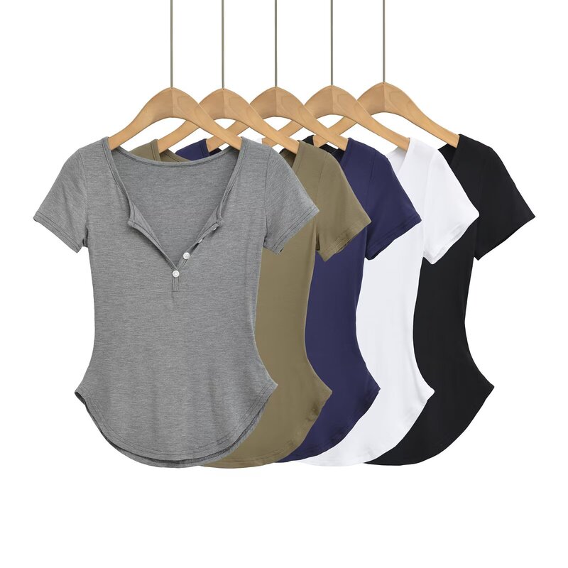 Henry Button-Down Curved Hem T-Shirt, Summer Pure Desire Style Spicy Girl Irregular Slim-Fit Short-Sleeve Base Shirt