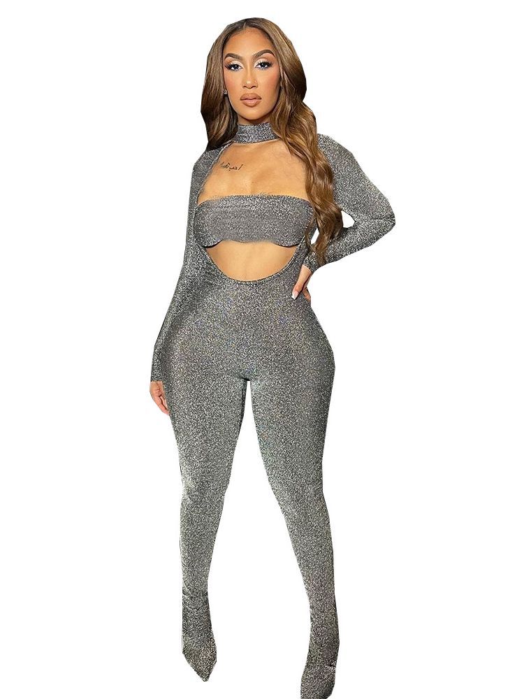 9624JD nazada europea y americana de comercio exterior ropa mujer cuello alto manga larga sexy Hollow stretch jumpsuit mujeres