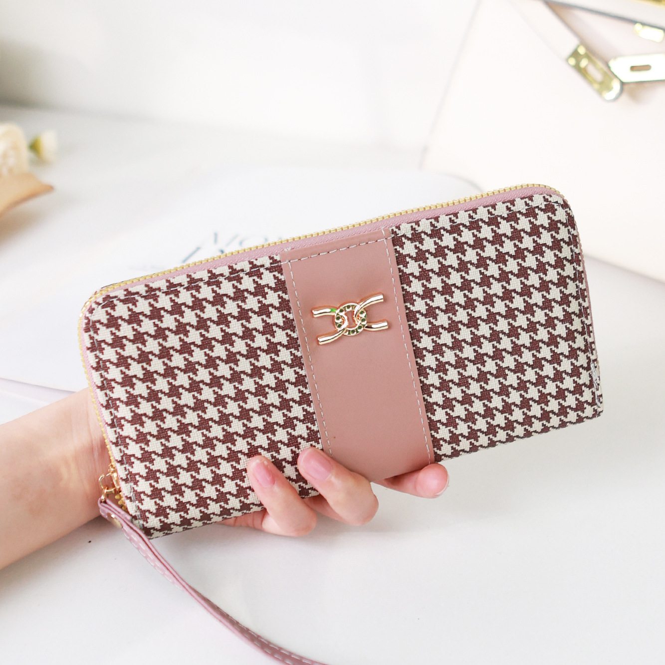 Etiqueta transfronteriza nueva billetera de mujer de pata de gallo billetera larga con estampado de cremallera billetera de moda bolso de tarjeta de teléfono móvil