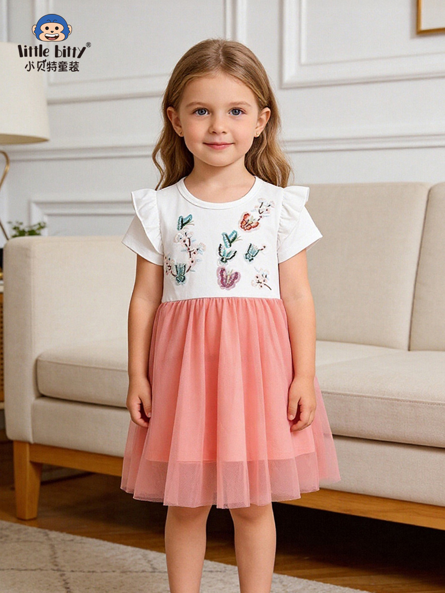 Cross-Border Supply 26 Years of Experience in Spring and Summer Children's Short-Sleeve Mesh Dresses for Girls with Cartoon Butterfly Embroidery, Wholesale in Stock