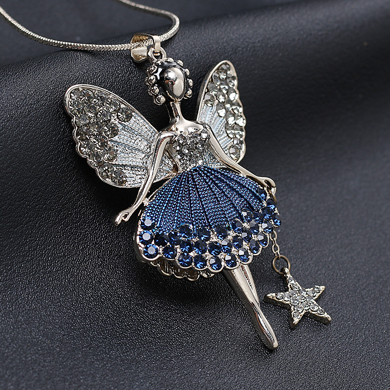 Collana lunga da donna versatile con ciondolo a forma di principessa dei cartoni animati, in stile europeo e americano, tempestata di diamanti, nuova, maglione_voghion.com