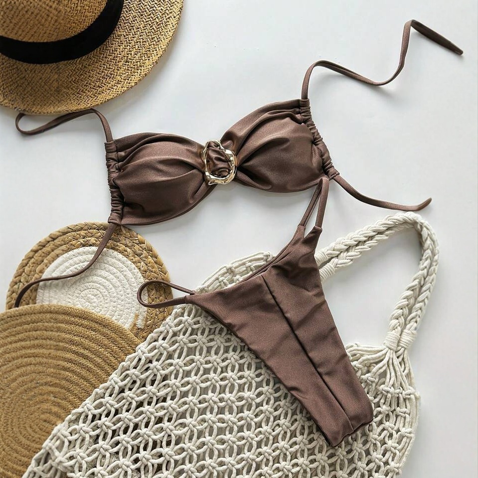 2025 Traje de baño europeo y americano transfronterizo dividido color sólido y doble tela brillante sexy bikini comercio exterior