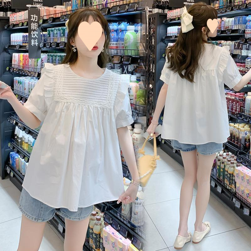 Plus Size Women's Clothing 2025 New Maternity Summer Round Neck Shirt with Ear-Hem Loose Belly-Covering Doll Shirt Top