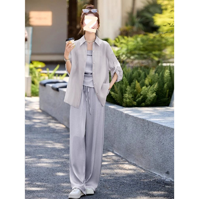 女性のための美しい夏の衣装セット 2025 新しいレイジースタイル日焼け止めシャツサスペンダーカジュアルワイドレッグパンツ 3 点セット|undefined