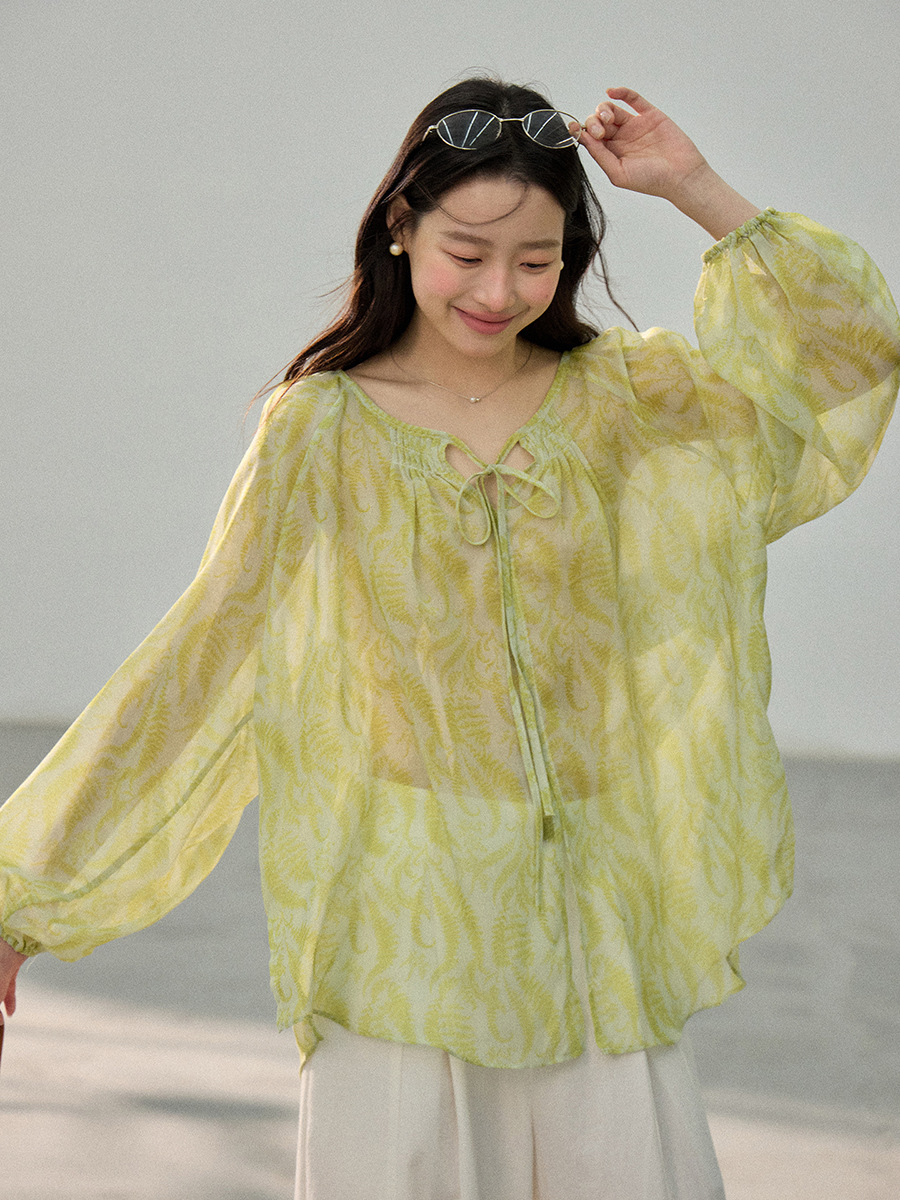 【歌铭】复古韩式碎花系带长袖衬衣女2026新品夏季宽松上衣SN134
