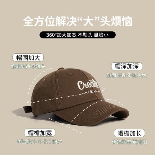 Korean-style baseball cap with large head circumference to make face look smaller, unisex American autumn and winter wide-brimmed hat, men's size up, deepened hard top bucket hat