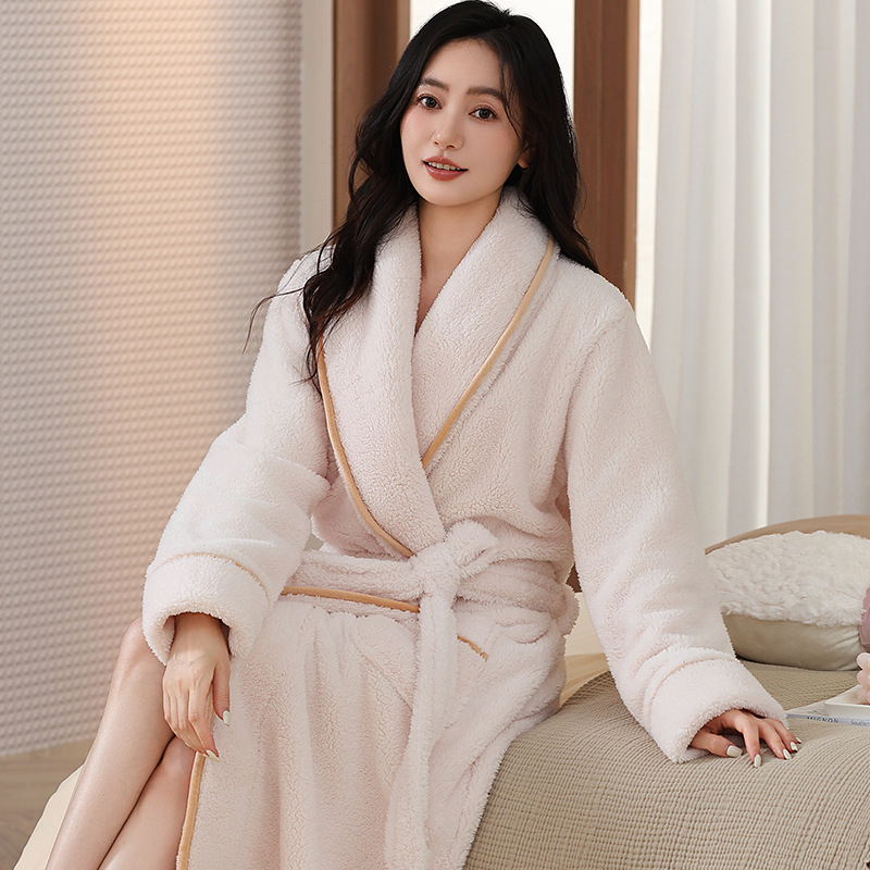 睡袍女2025秋冬珊瑚绒加厚长款浴袍简约纯色家居服保暖锁温晨袍|undefined
