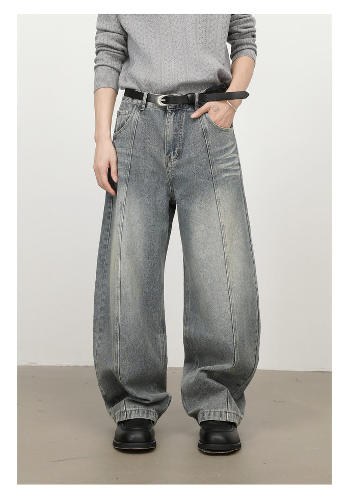 Quần jean nam ống rộng lưng giữa, dáng suông thẳng, denim mềm phong cách retro — màu xanh chi tiết 4
