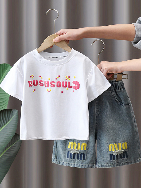 Conjunto de verano para niños 7328, novedad 2026, ropa de verano elegante para niños, camiseta de manga corta estilo celebridad de internet, conjunto de dos piezas, talla 5