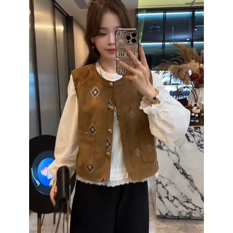 欧货高级感刺绣马甲女2025秋季新款无袖圆领纽扣百搭洋气马夹外套|undefined
