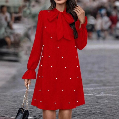 International Trade 2025 Early Spring Independent Store European and American Women's Laced Bead Long-Sleeve Solid Color Dress