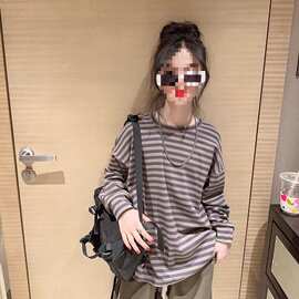女童秋季长袖t恤早秋圆领中大童洋气卫衣儿童宽松条纹百搭打底衫