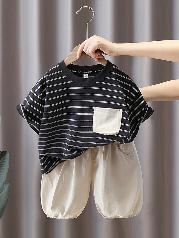 7369 Ropa para niños Traje de manga corta para niños Estilo de verano Estilo coreano Camiseta a rayas Moda para niños Traje de dos piezas de verano 5