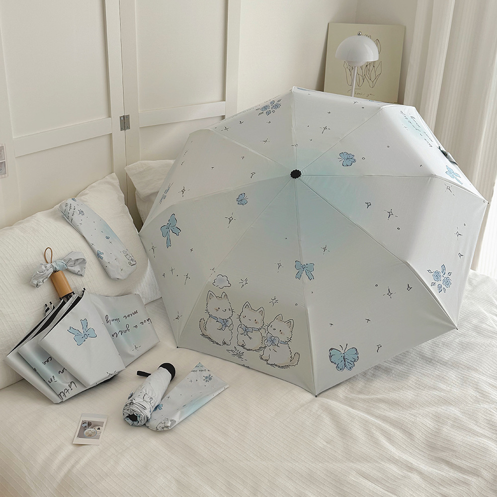 クロスボーダー日韓自動パラソル女性小清新色日焼け止め傘晴雨両用黒ゴム五つ折り日傘