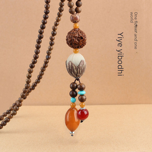 Factory-direct ethnic-style Bodhi sweater chain, scenic spot accessories, versatile cotton-linen & wooden bead necklace accessories—wholesale