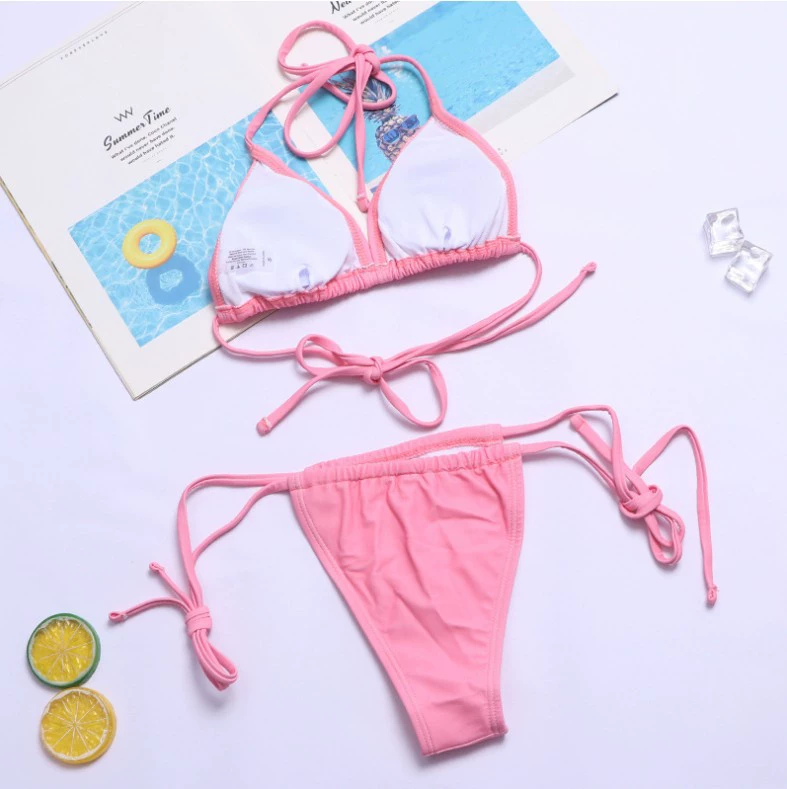 Women's Split-Tie Bikini Set, Triangle Top & Side-Tie Bottom, Fuchsia, Sizes S–XL