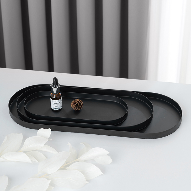 Cross-Border Iron Lipstick Storage Tray Countertop Jewelry Storage Tray Bedroom Black Skin Care Product Straight Edge Oval Tray