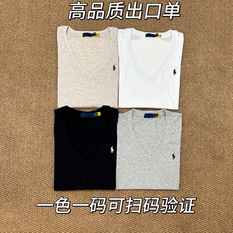 Scan Code Rl Raff Cotton Embroidered Pony Logo V-Neck T-Shirt, Comfortable, Thin, Breathable, Simple Women's Short-Sleeve for Commuting and Casual Wear