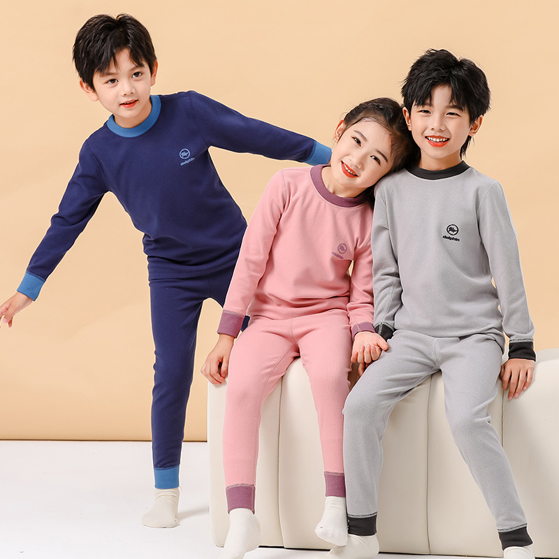 가을과 겨울 소년 소녀 탑 칼라 열 속옷 세트 아기 솔질 마름모 벨벳 가을 옷 긴 바지 학생 바닥 잠옷