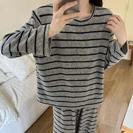 磨毛人棉色织条秋冬季加厚保暖睡衣圆领简约套装家居服可外穿