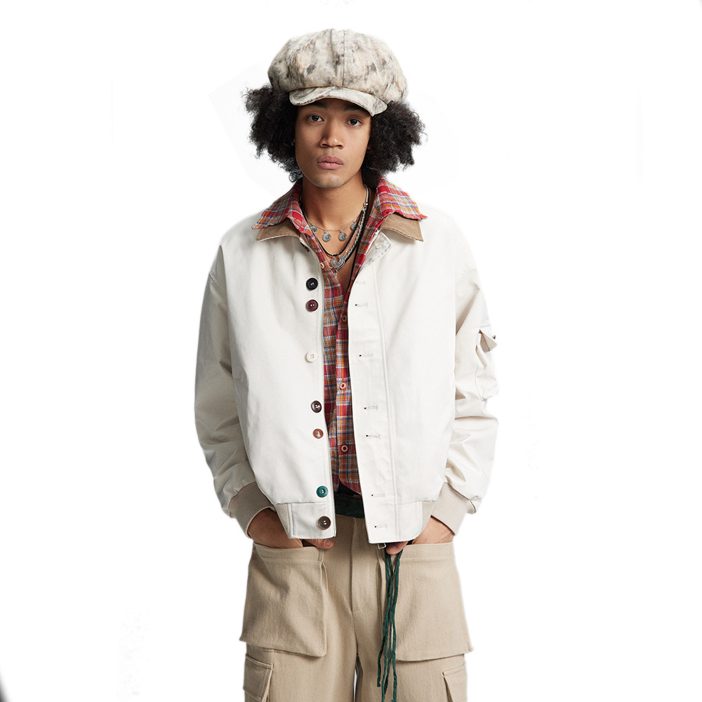 Stylische Arbeitsjacke für Herren – Übergroßer Streetwear-Mantel mit kontrastierendem Kragen und Knopfdesign | Punk-Ästhetik | Polyester | Lässige Oberbekleidung_voghion.com