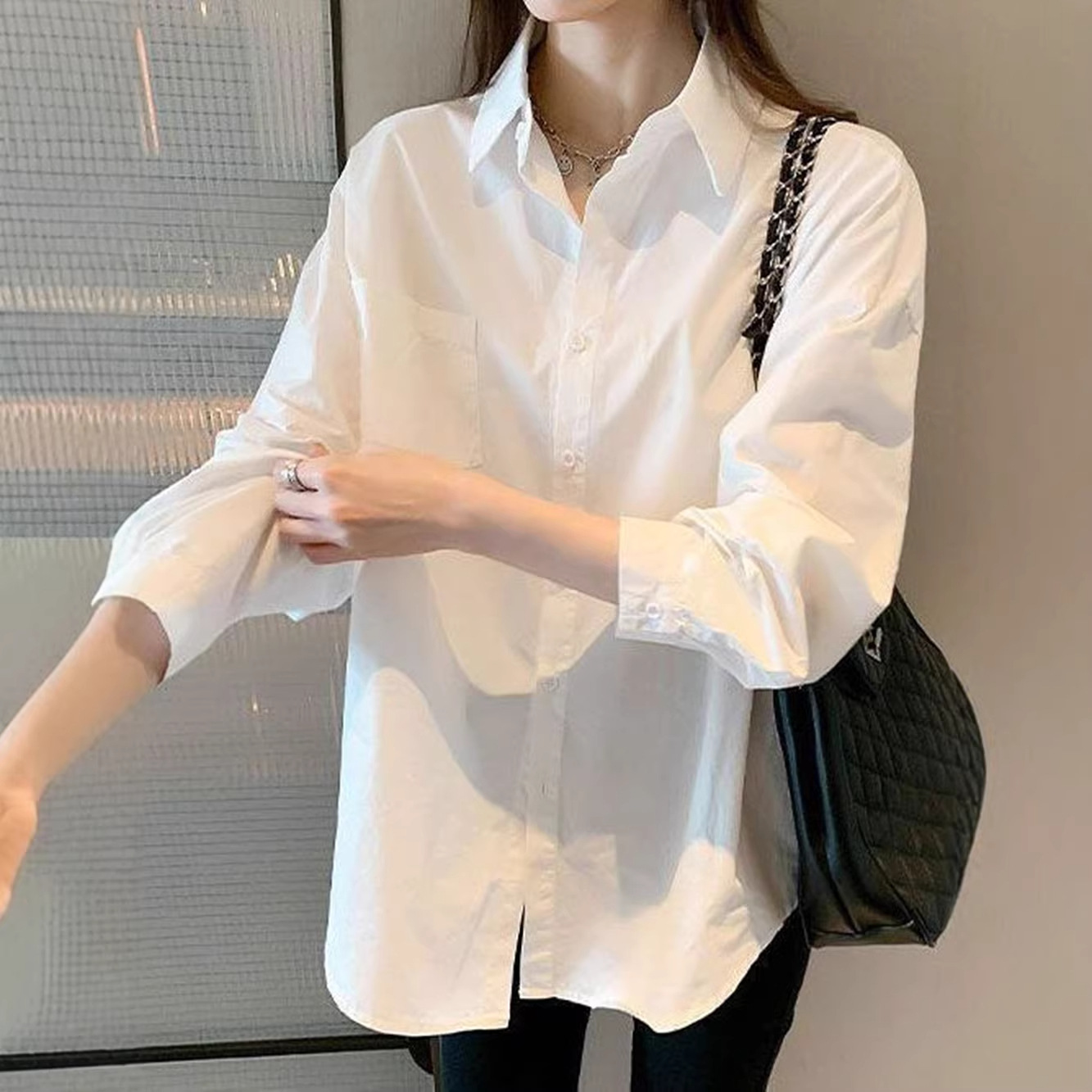 白色长袖衬衫女装春夏季新款韩版学院风休闲气质纯色衬衣防晒上衣