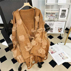 慵懒风拼接纱中长粗线针织开衫女春秋装新款喇叭袖宽松毛衣外套