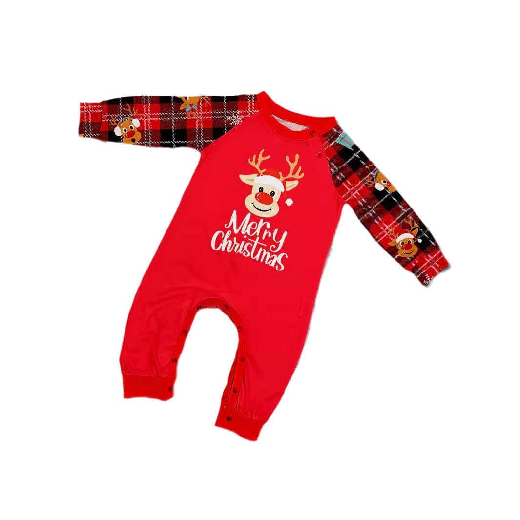Robe de famille de Noël à carreaux avec lettres et flocons de neige et cerfs imprimés_voghion.com