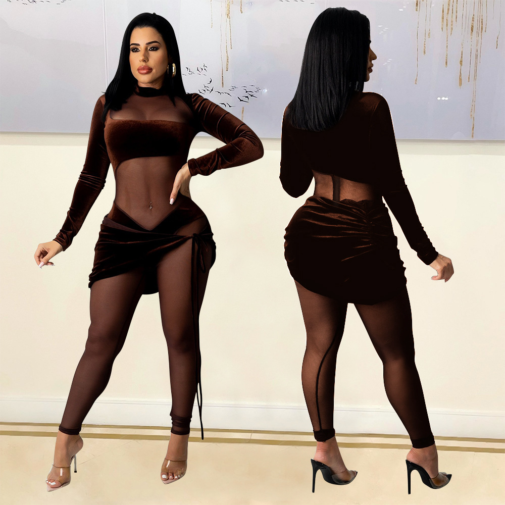 Women's fashion sexy mesh velvet splicing solid color jumpsuit_voghion.com