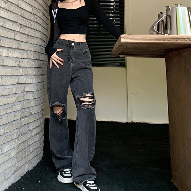 American Style High Street Black Ripped Jeans Women's Ins Straight Leg Pants Loose Drag Low Pants High Waist Pants Casual Wide Leg Pants