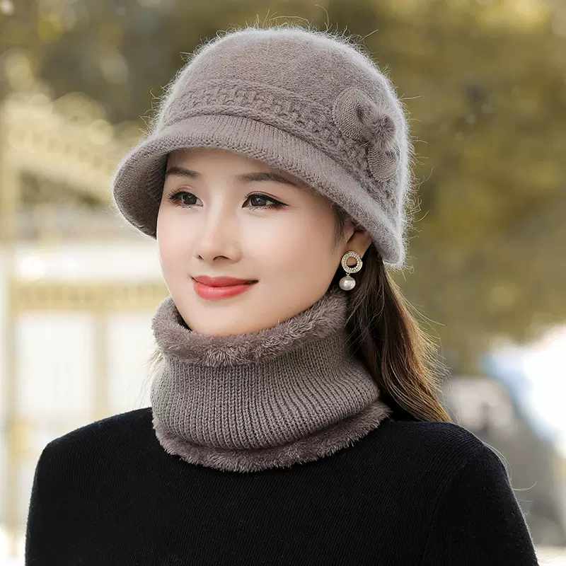 妈妈帽子老年人女士中年花朵秋冬季加绒加厚老太太奶奶针织毛线帽