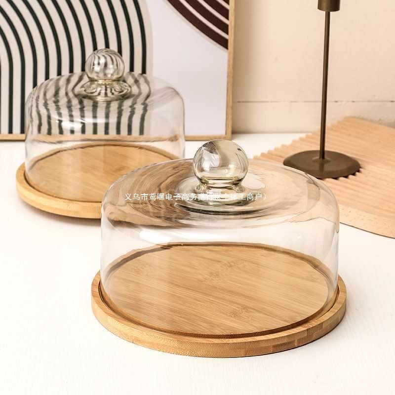 Wholesale Cake Tray Rotating Wooden Bread Snack Tasting Tray with Lid Cake Cover Transparent Glass Cover