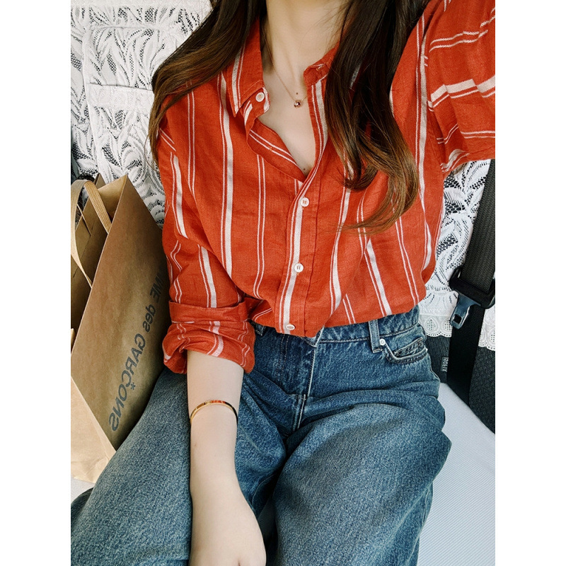 French-Style Striped Shirt for Women, Cotton Blend, Drop Shoulder, Color-Blocking, Loose Top, 2026 Casual Style, Long-Sleeve Layering Jacket