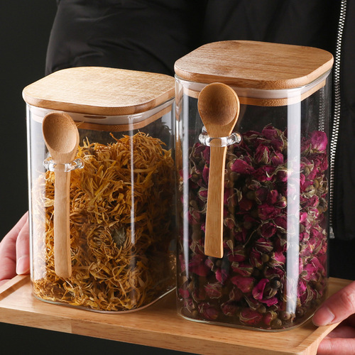 High borosilicate glass high-temperature resistant square tea snack storage jar with wooden spoon lid, five-grain glass sealed jar