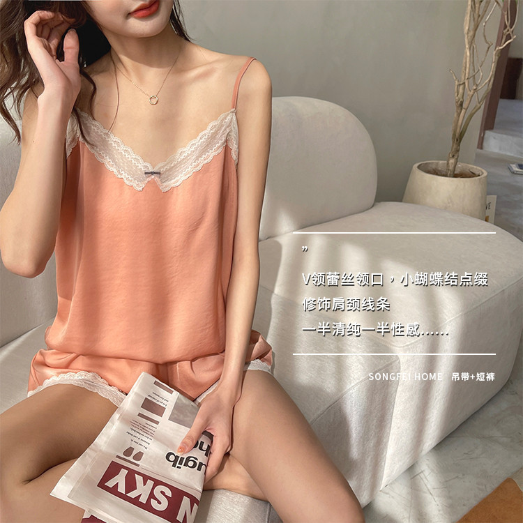 2022 spring and summer new women's pajamas pajama pants 2-piece set solid color lace strap shorts home wear suit