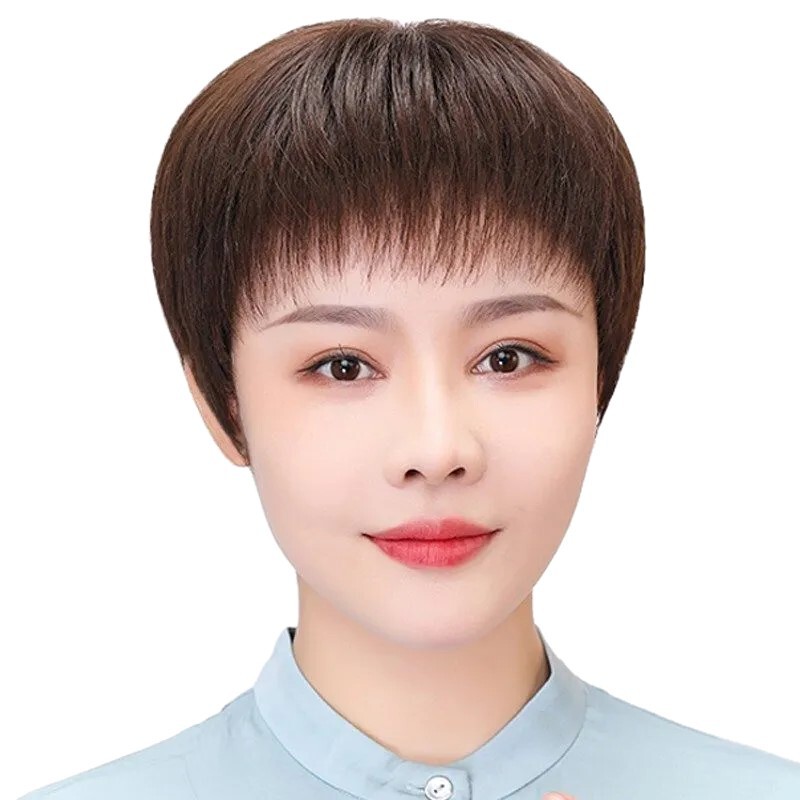 女性用ウィッグ ショートストレートヘア 本物の髪 中高年のお母さん向けの本物の髪のフルウィッグ 軽くて通気性の良い薄い本物の髪|undefined