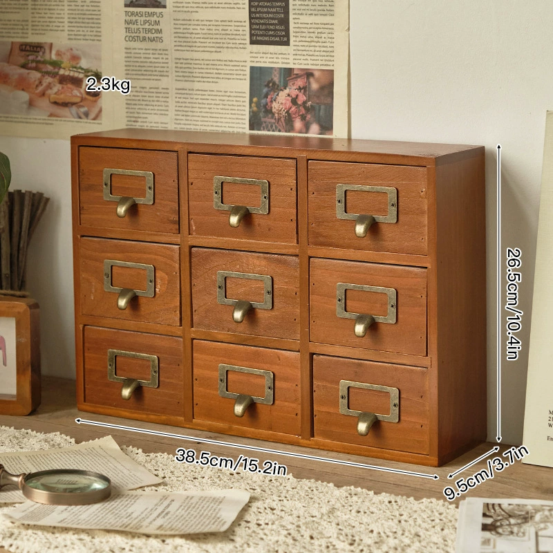 Solid Wood Multi-Drawer Storage Box, Desktop Organizer, 9/16 Drawers, Vintage Finish