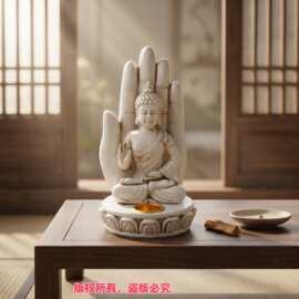 禅意佛手摆件仿玉质感莲花座烛台家居桌面装饰品办公室供奉摆设